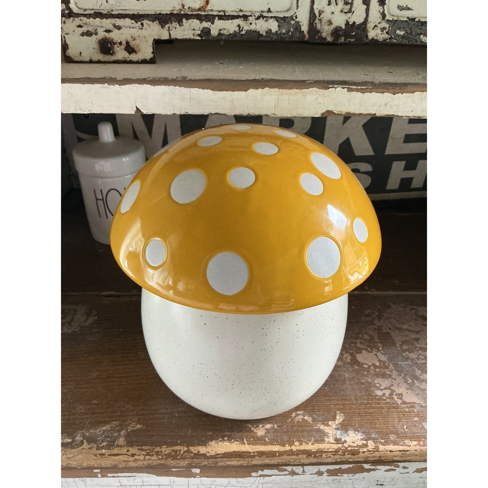 World Market Yellow Polka Dot Mushroom Ceramic Canister Jar Cottagecore Decor